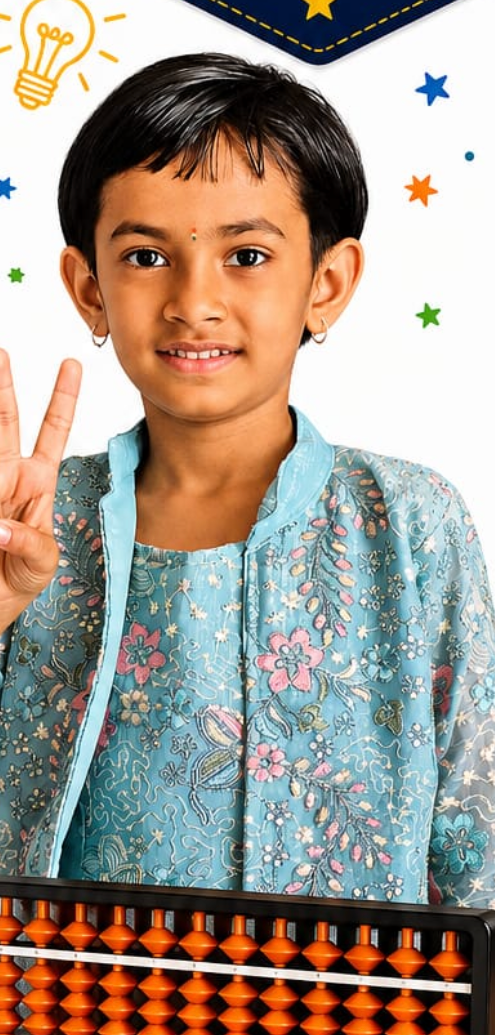 Smiling Elite Abacus student showing a peace sign with an abacus